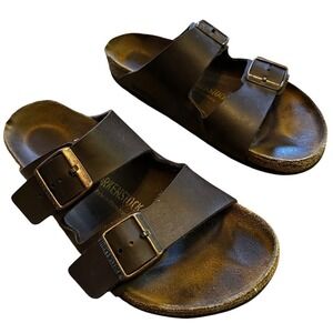 Birkenstock Arizona Dark Brown Leather Two Strap Slide Sandals EU 40